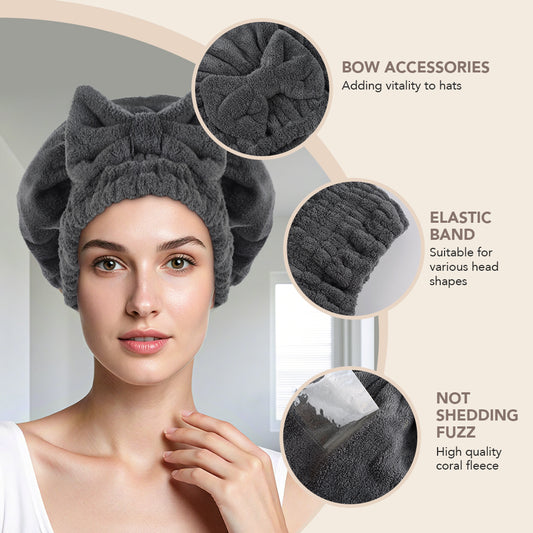 Large Microfiber Hair Drying Caps with Bow knot Fast Drying Shower Cap Soft and Absorbent hairWrap Hair Turban Bath Caps for Curly Thick and wet Hair 11 X 13.4 inch 2 Pack