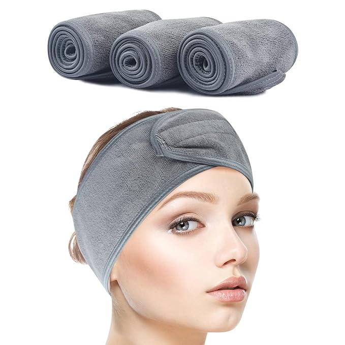 SINLAND Spa Headband for Women Ultra Soft Adjustable Makeup Hair Band with Magic Tape, Stretch Head Wrap for Bath, Shower, Facial Mask, Yoga