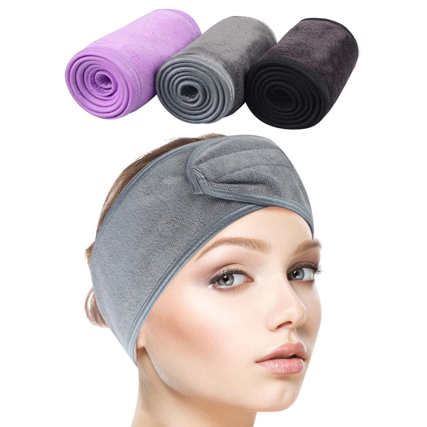 SINLAND Spa Headband for Women Ultra Soft Adjustable Makeup Hair Band with Magic Tape, Stretch Head Wrap for Bath, Shower, Facial Mask, Yoga