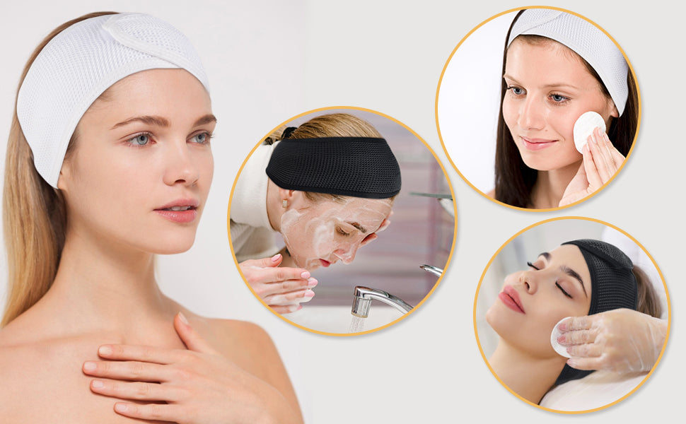 SINLAND Spa Headband for Women Ultra Soft Adjustable Makeup Hair Band with Magic Tape, Stretch Head Wrap for Bath, Shower, Facial Mask, Yoga