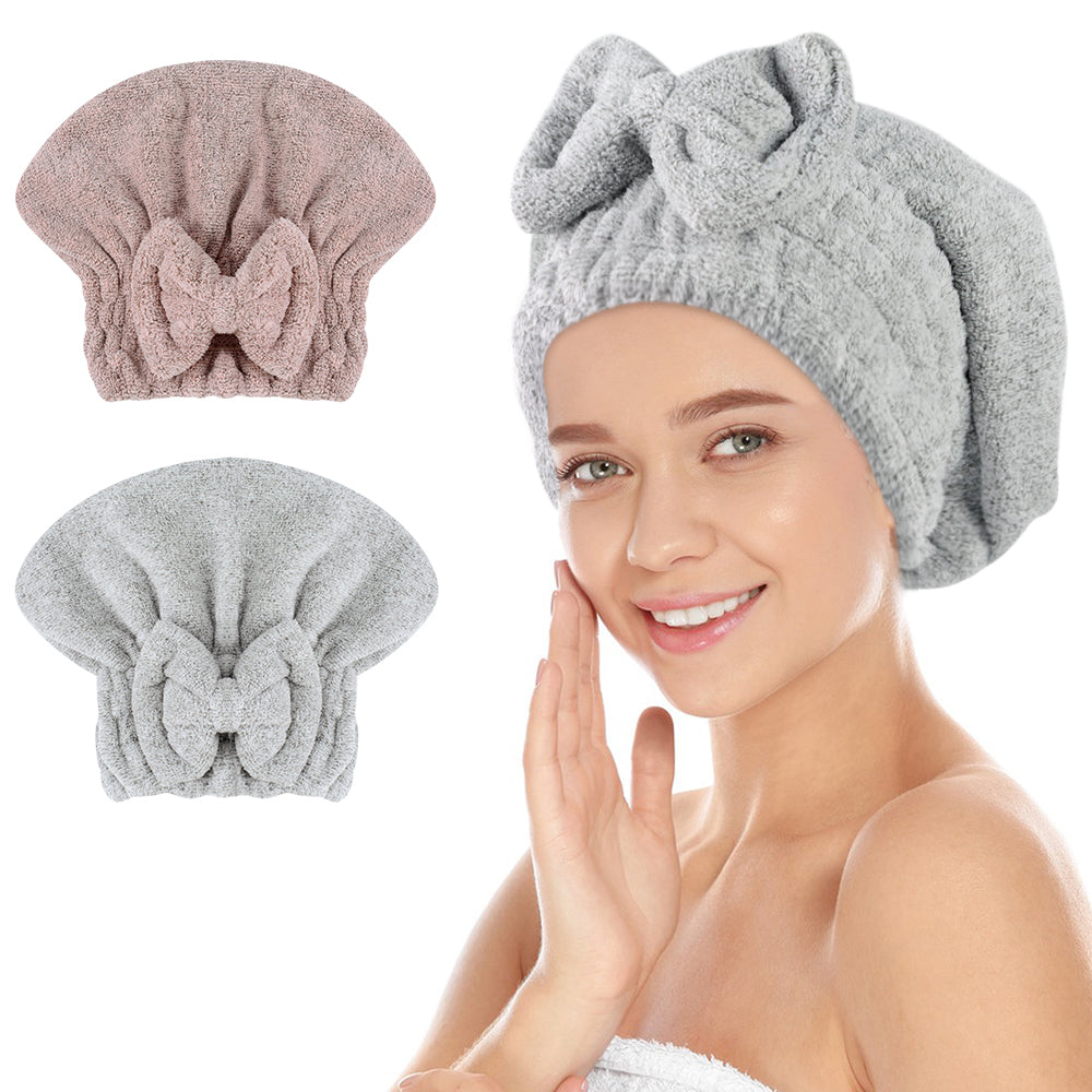 Large Microfiber Hair Drying Caps with Bow knot Fast Drying Shower Cap Soft and Absorbent hairWrap Hair Turban Bath Caps for Curly Thick and wet Hair 11 X 13.4 inch 2 Pack