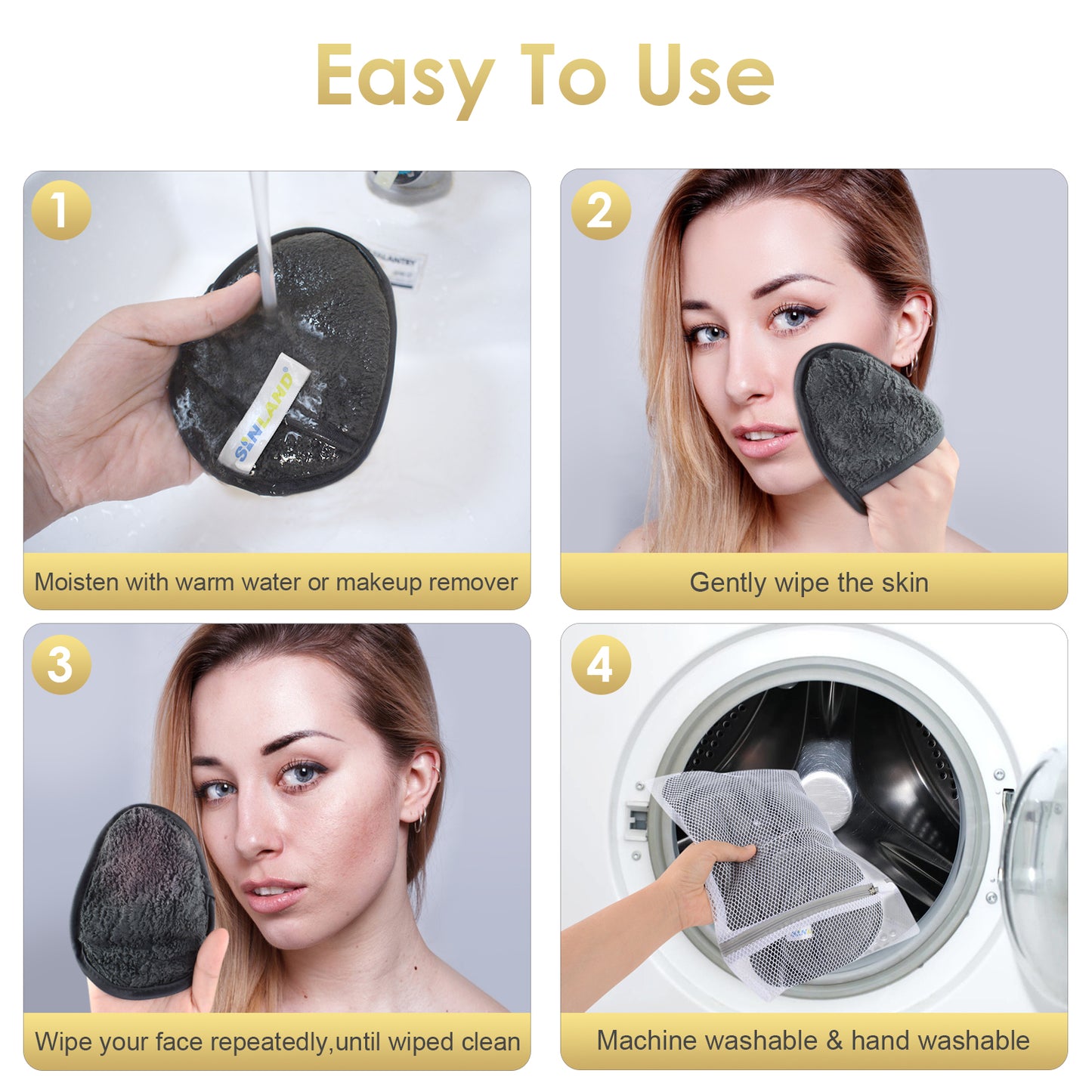 SINLAND Reusable Makeup Remover Pads For Face,Eye,Lips Microfiber Gentle Facial Cleansing Cloths for All Skin Types Friendly for Makeup Remover With Laundry Bag 5.1inchx3.93inch