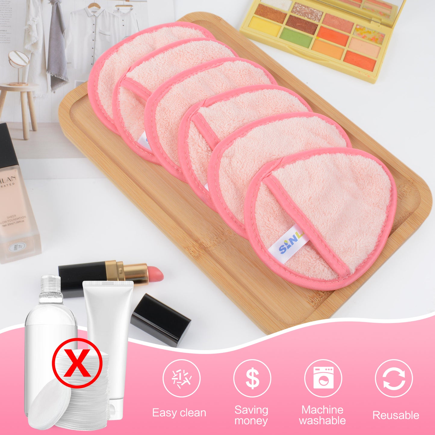 SINLAND Reusable Makeup Remover Pads For Face,Eye,Lips Microfiber Gentle Facial Cleansing Cloths for All Skin Types Friendly for Makeup Remover With Laundry Bag 5.1inchx3.93inch